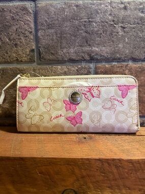 Coach Cream Wallet with Pink Butterfly Accents